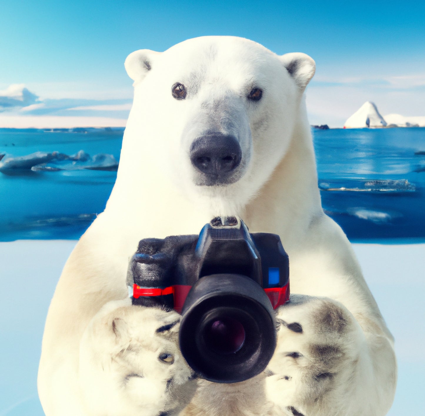 Polar bear on the beach holding a camera AI art