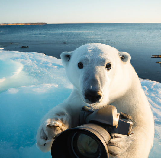 Polar bear on the ice holding a camera AI art